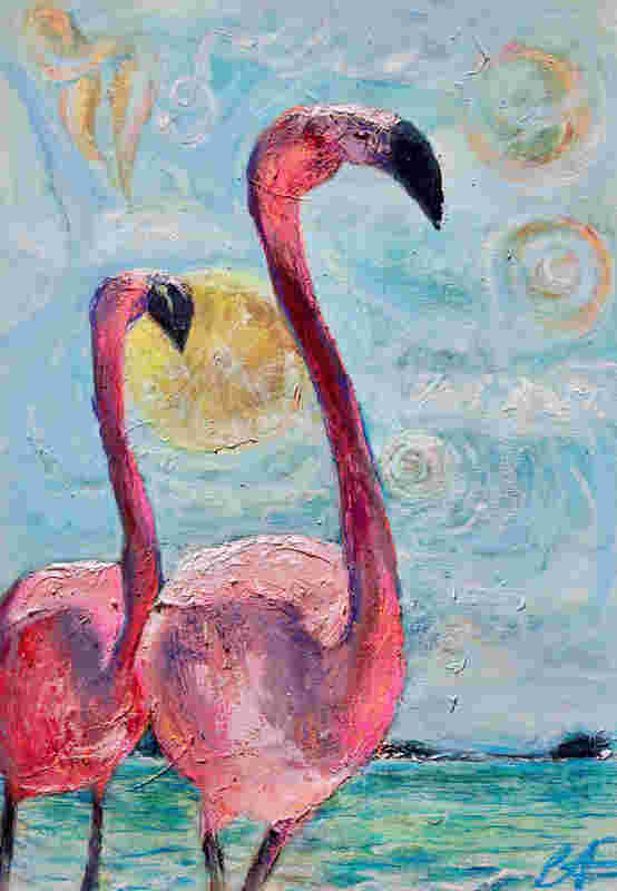 Original oil painting of pink flamingos